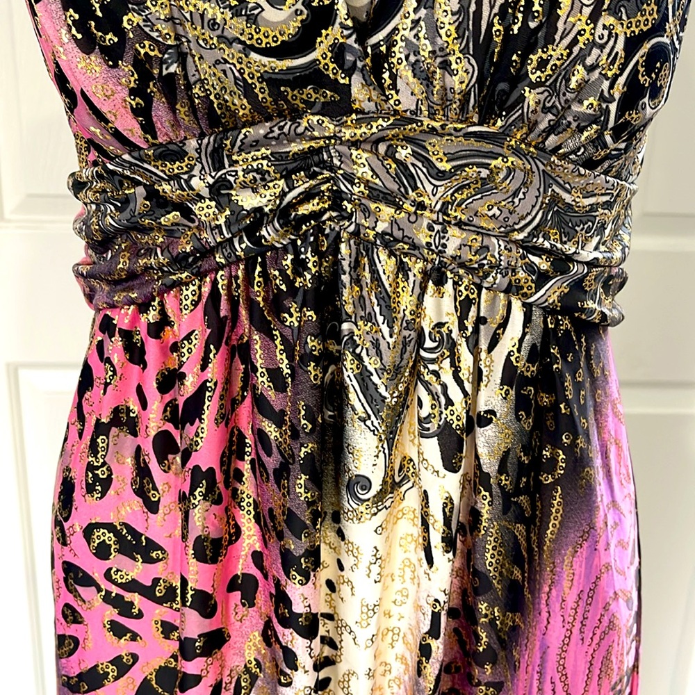 NWOT Pink/Gold Leopard Metallic DeepV Print Racer-Back Basque Waist Maxi Dress-S - Picture 4 of 8